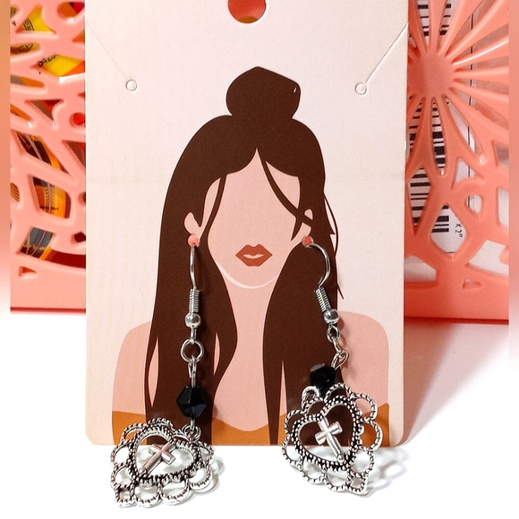 Black Crystal Heart- Cross Pendant Dangle Earrings - Picture 3 of 4